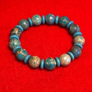 Jasper & Turquoise Quartz Stretch Gemstone Bracelet 6-7.5 inches.